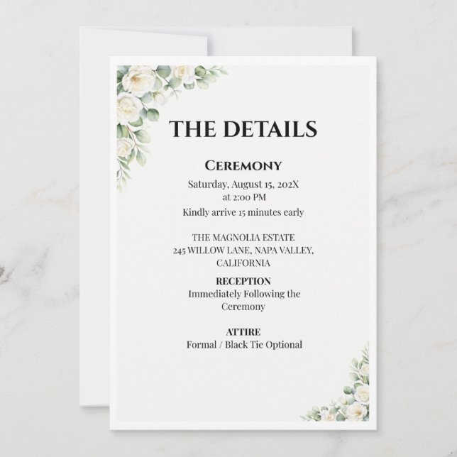 Carte de détails de mariage floral vert (Devant)