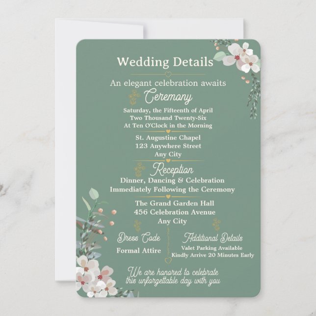 Carte de détails de mariage floral vert sauge édit (Devant)