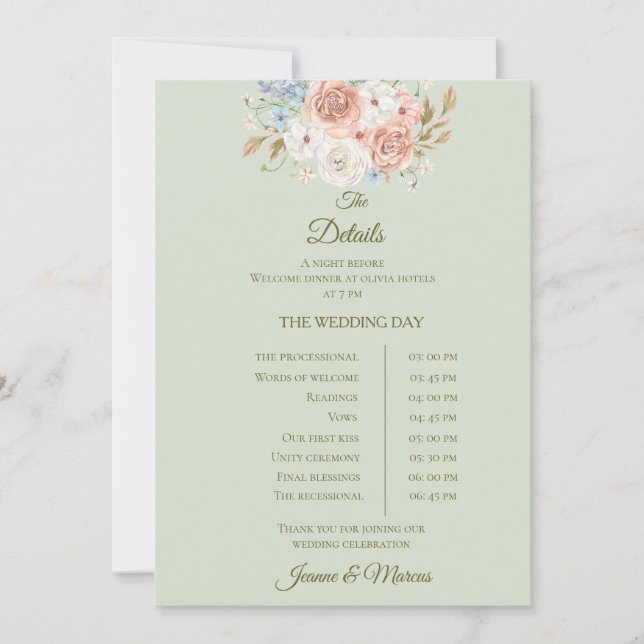 Carte de détails de mariage floral vert sauge jard (Devant)