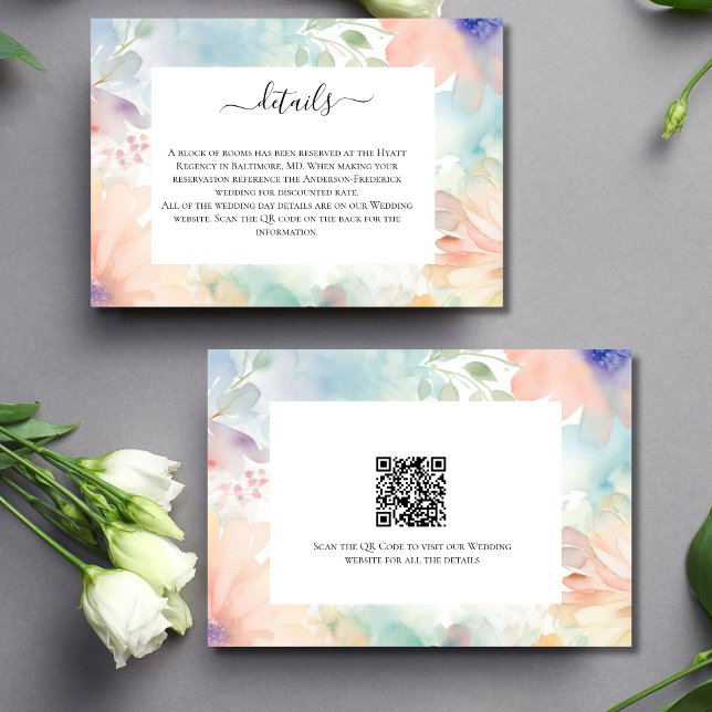 Carte de détails de mariage florale à l'aquarelle  (Pastel Floral Watercolor Wedding Details Card with QR code)