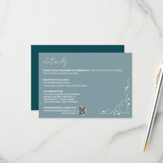 Carte de détails de mariage florale bleue élégante