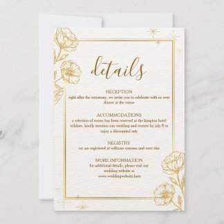 Carte de détails de mariage florale élégante en or