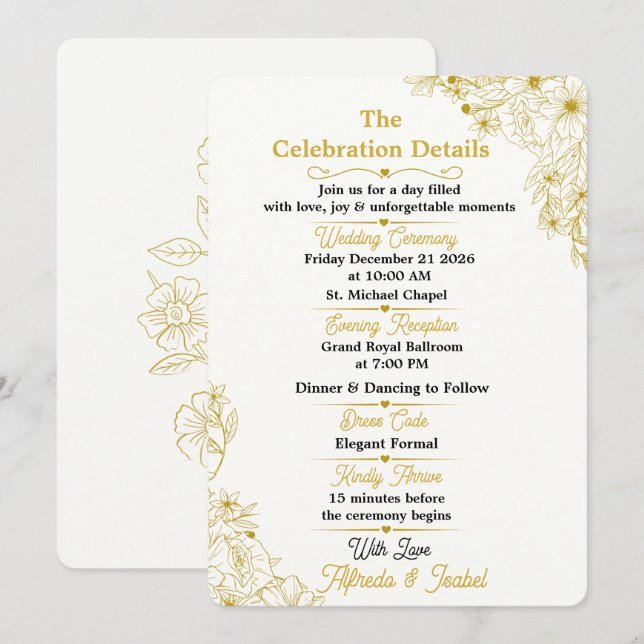 Carte de détails de mariage florale en or modifiab (Devant / Derrière)