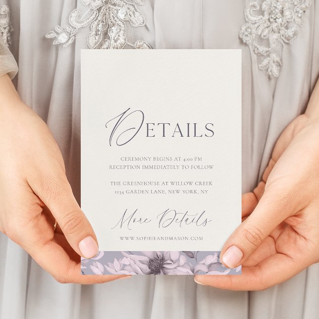 Carte de détails de mariage florale gris lavande (Créateur téléchargé)