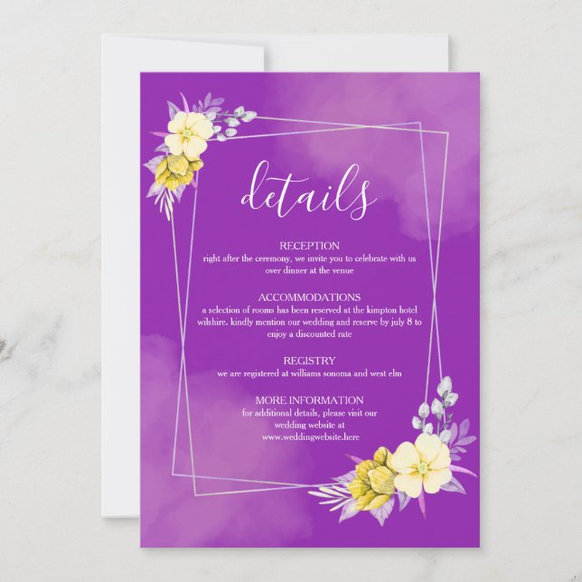 Carte de détails de mariage florale violette (Devant)