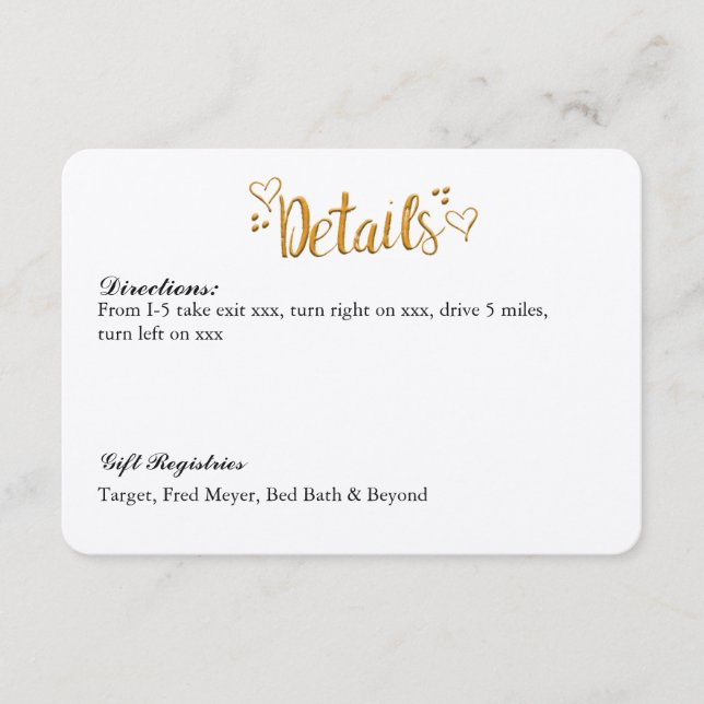 Carte de détails de mariage Gold Happily Ever Afte (Devant)