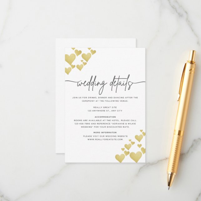 Carte de détails de mariage Golden Heartbeat (Devant/Arrière en situation)