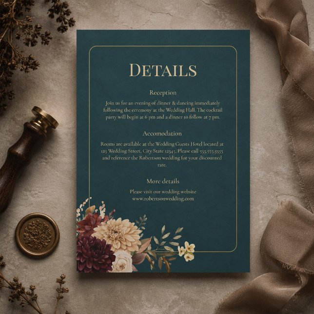 Carte de détails de mariage gothique floral sarcel (Dark Teal Floral Gothic Wedding Details Card)