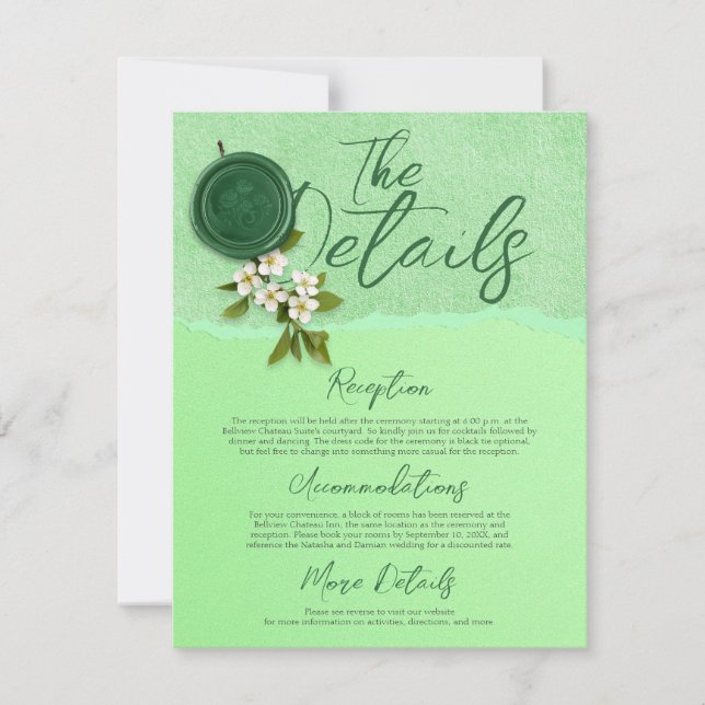 Carte de détails de mariage Green Seal (Devant)
