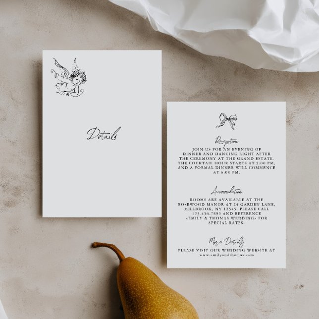 Carte de détails de mariage illustrée en noir et b (illustrated Black & White Wedding Details Card)