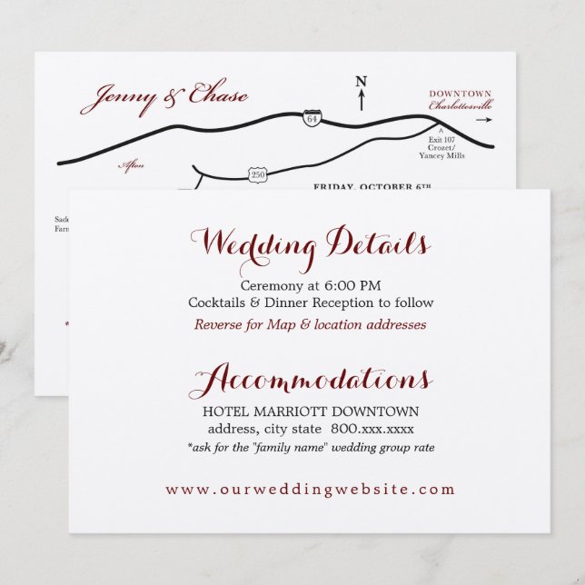 Carte de détails de mariage incluse avec le plan d (Devant / Derrière)