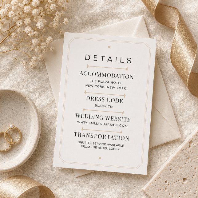 Carte de détails de mariage luxueuse moderne serif (Elegant flat lay featuring the Modern Serif Luxury Details Card on warm white linen.)
