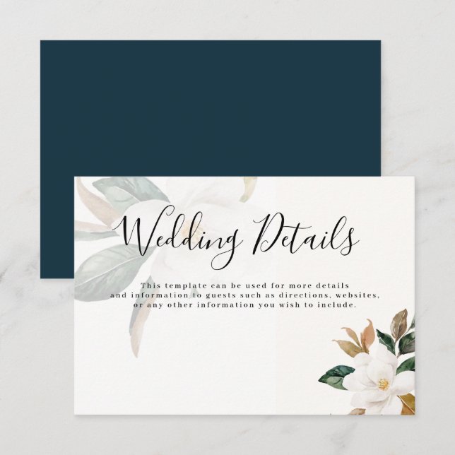 Carte de détails de mariage magnolia à écriture mo (Devant / Derrière)