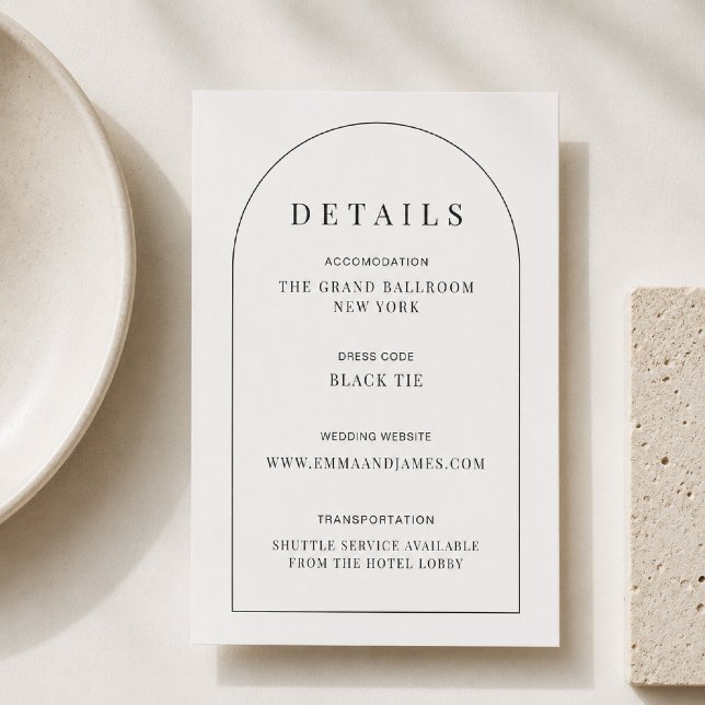 Carte de détails de mariage minimale en forme d'ar (Meet the Arch Shape Minimal Wedding Details Card—where timeless typography meets modern architecture)