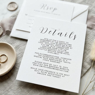 Carte de détails de mariage minimaliste