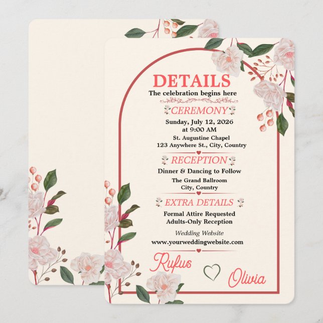 Carte de détails de mariage modifiable à arche flo (Devant / Derrière)