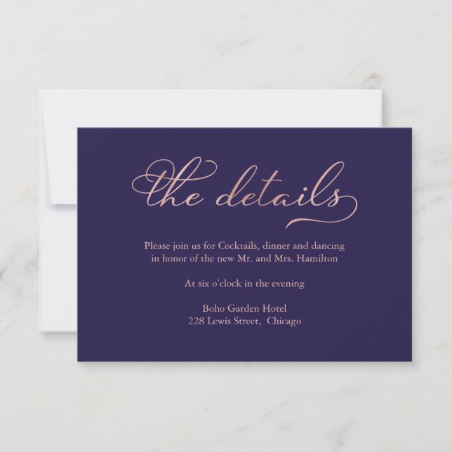 Carte de détails de mariage Navy Blue Rose Gold Sc (Devant)
