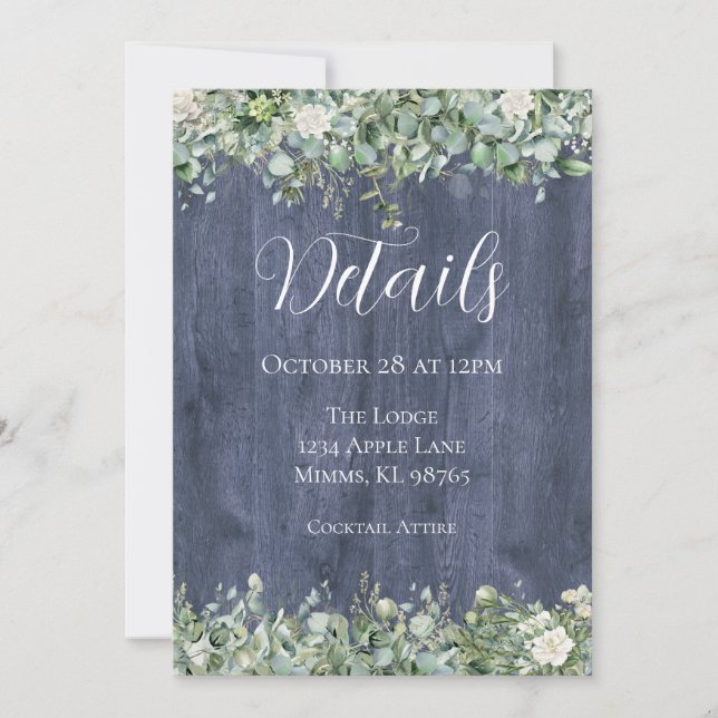 Carte de détails de mariage Navy Wood Eucalyptus | (Devant)