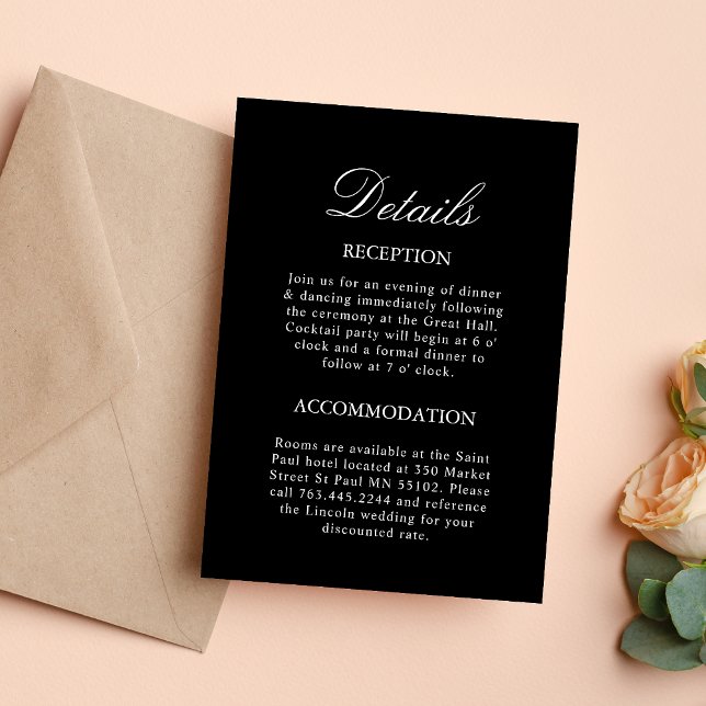 Carte de détails de mariage Noir & Blanc (Black and white details enclosure card shares key wedding info with clean elegant design.)