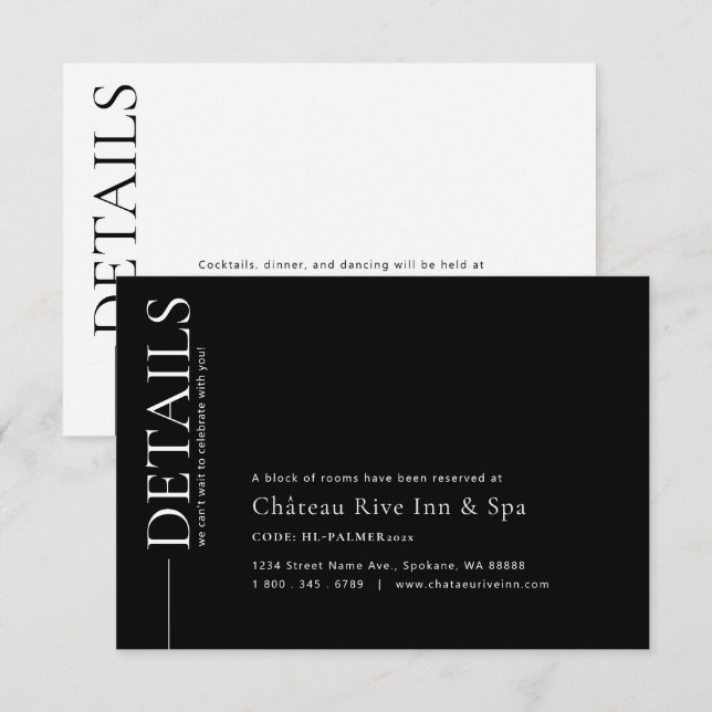 Carte de détails de mariage noir et blanc (Devant / Derrière)