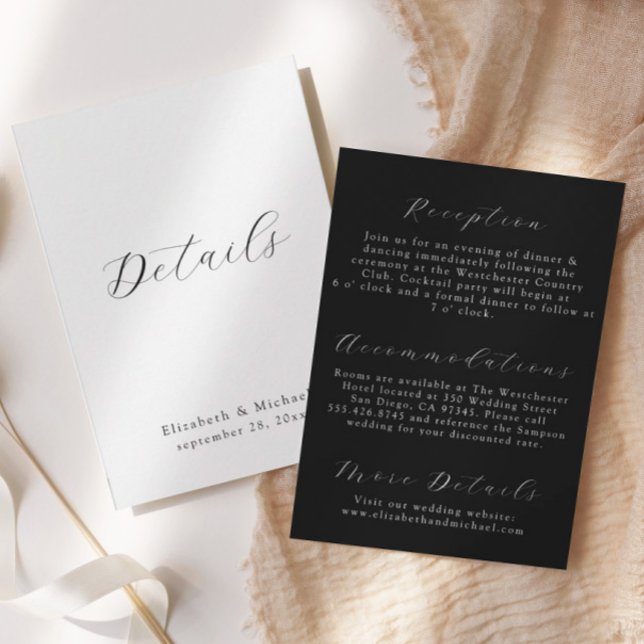 Carte de détails de mariage noir et blanc à script (Créateur téléchargé)