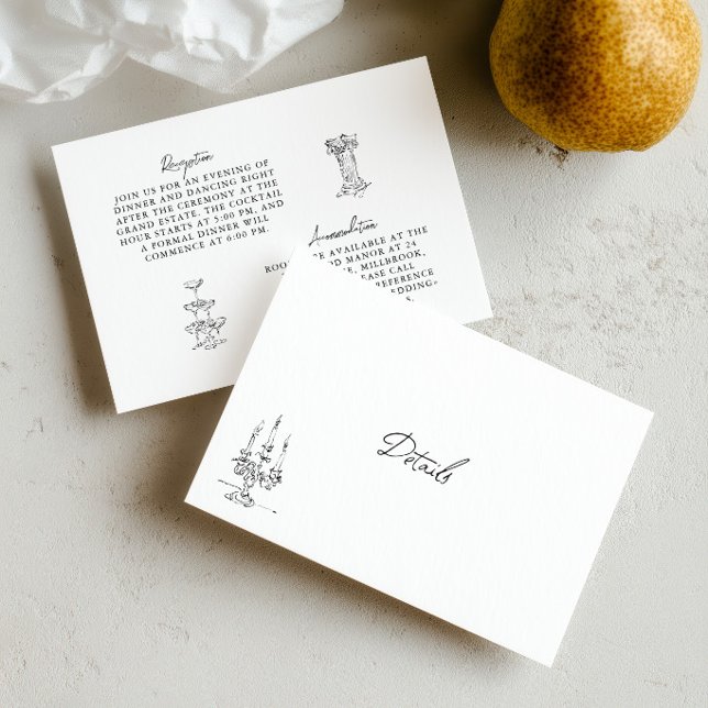 Carte de détails de mariage noir et blanc dessinée (Hand Drawn Black & White Wedding Details Card)