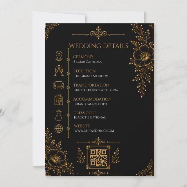 Carte de détails de mariage noir et or de luxe (Devant)