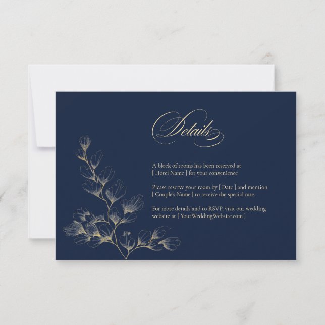 Carte de détails de mariage or et marine (Devant)