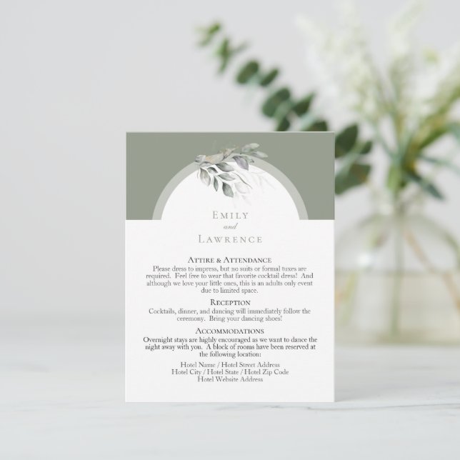 Carte de détails de mariage plate au eucalyptus ve (Debout devant)