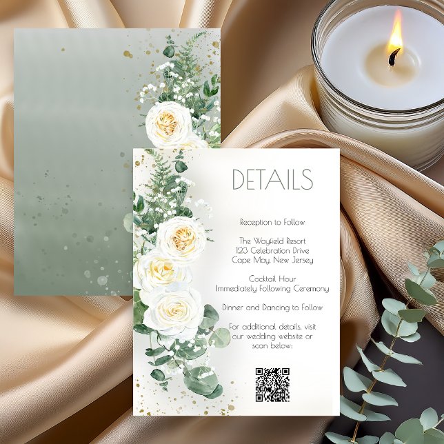 Carte de détails de mariage romantique vert sauge (Romantic sage green wedding details card with floral greenery design displaying reception and event )