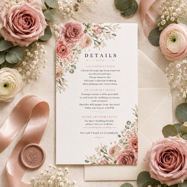 Carte de détails de mariage Rose Poussiéreuse (Elegant flat lay showcasing our Dusty Rose Romance Details Card on premium cardstock.)