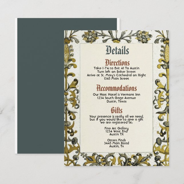 Carte de détails de mariage royal de la Renaissanc (Devant / Derrière)