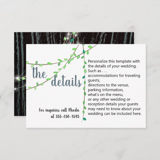 Carte de détails de mariage Rustic Vine & Lights (Devant / Derrière)