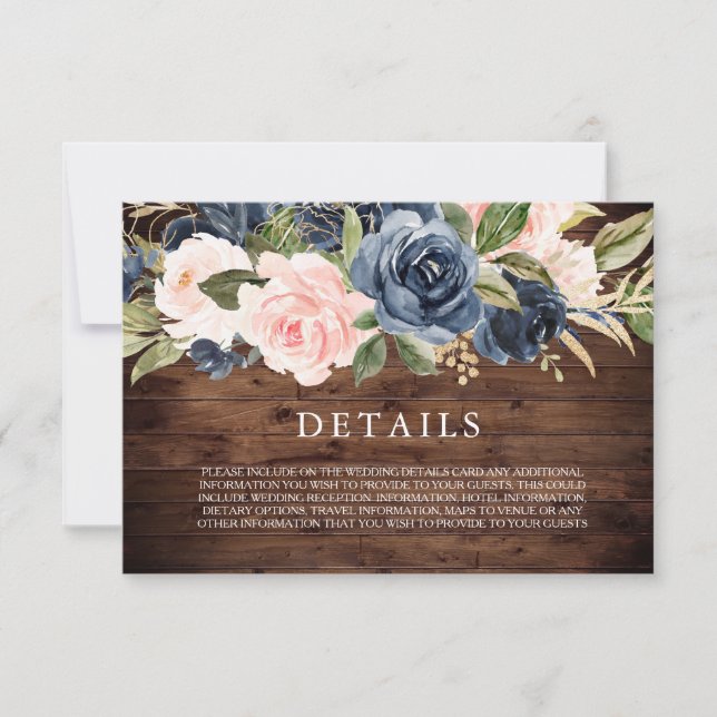 Carte de détails de mariage rustique élégant navy  (Devant)