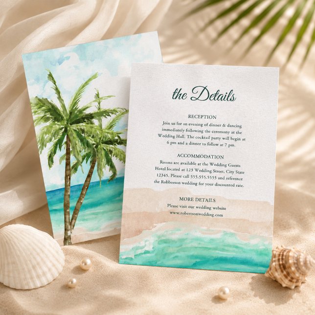 Carte de détails de mariage Tropical Beach et palm (Tropical Beach and Palm Trees Wedding Details Card)
