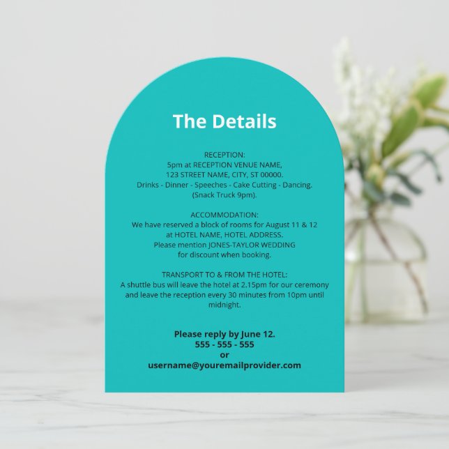 Carte de détails de mariage turquoise (Debout devant)