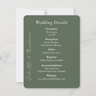 Carte de détails de mariage vert élégant