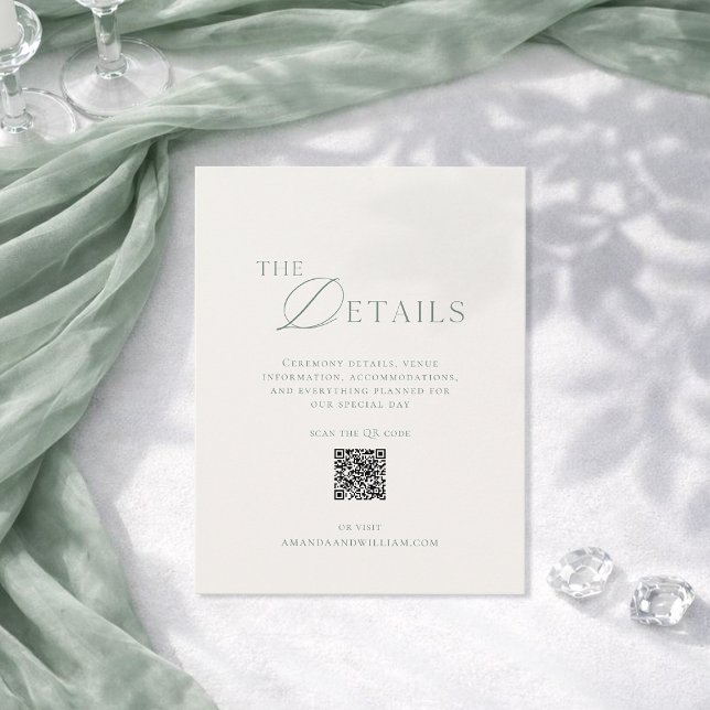 Carte de détails de mariage vert sauge avec QR Cod (Créateur téléchargé)