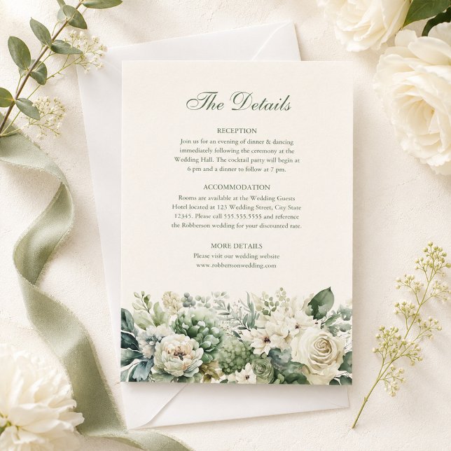 Carte de détails de mariage Vert Sauge & Fleurs d' (Sage Green & Ivory Flowers Wedding Details Card on a table with ivory flowers and green ribbon)