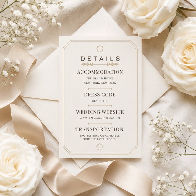 Carte de détails d'élégance ivoire douce modifiabl (Elegant wedding details card for your timeless celebration.)