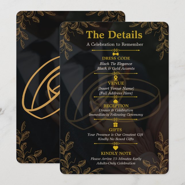 Carte de détails d'invitation de fiançailles Or no (Devant / Derrière)