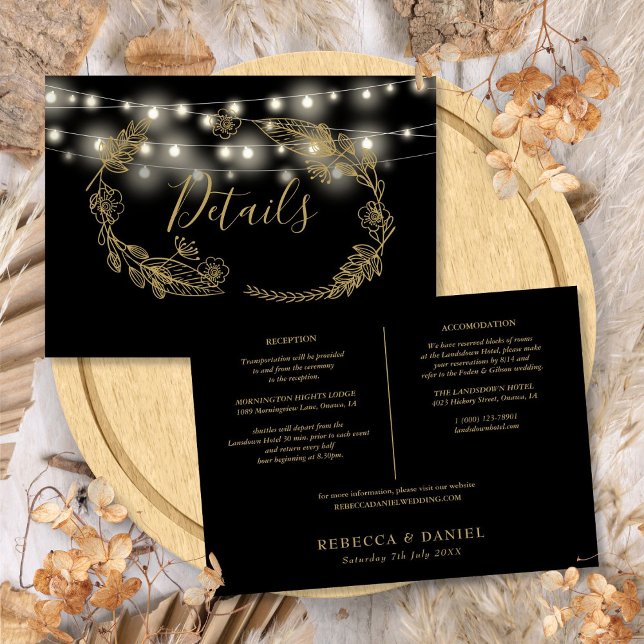 Carte de détails du Mariage Black And Gold (Black And Gold String Lights Wedding Details Card)