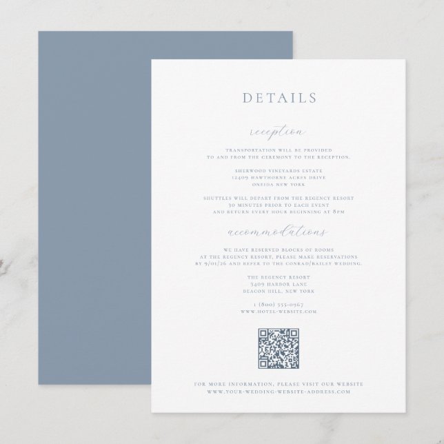 Carte de détails du Mariage bleu Dusty (Devant / Derrière)