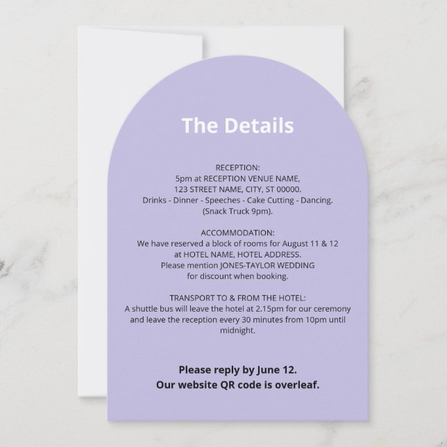 Carte de détails du Mariage couleur violet du code (Devant)