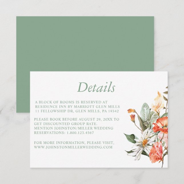 Carte de détails du Mariage de fleurs rose corail  (Devant / Derrière)