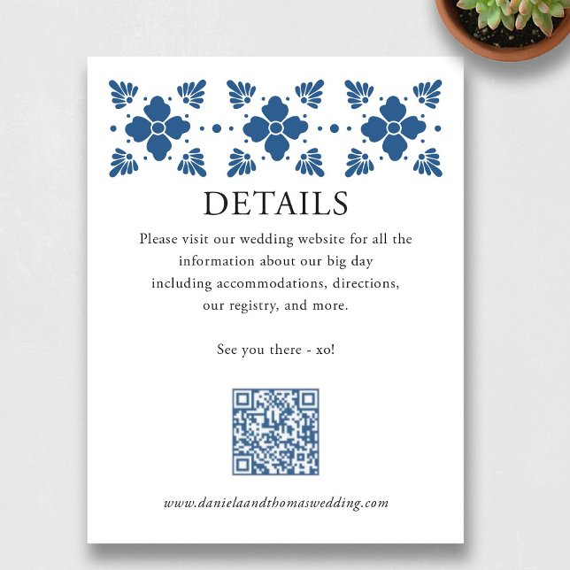 Carte de détails du Mariage de style Talavera avec (Talavera Style Wedding Details Card with QR Code)