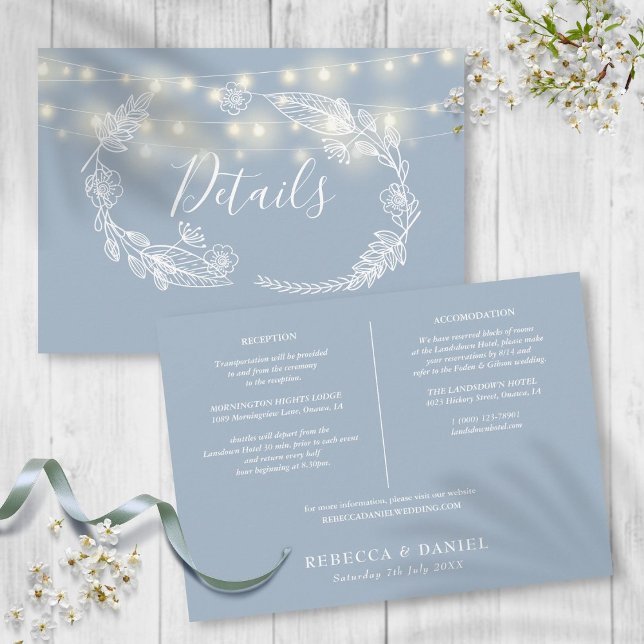 Carte de détails du Mariage Dusty Blue String Ligh (Dusty Blue String Lights Wedding Details Card)