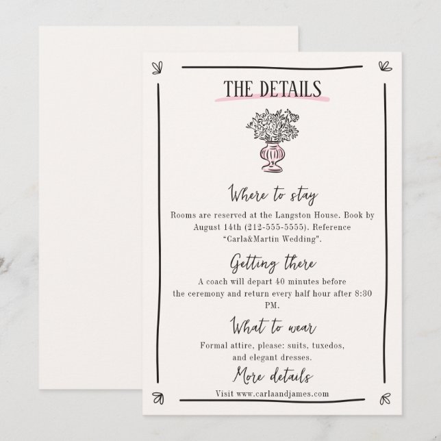 Carte de détails du Mariage en blanc rose (Devant / Derrière)