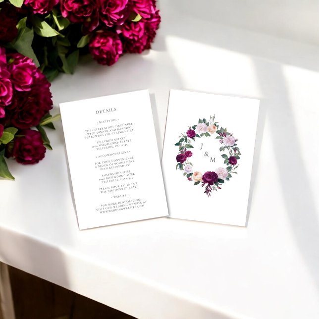 Carte de détails du mariage Floral monogramme bord (burgandy floral wedding details card )
