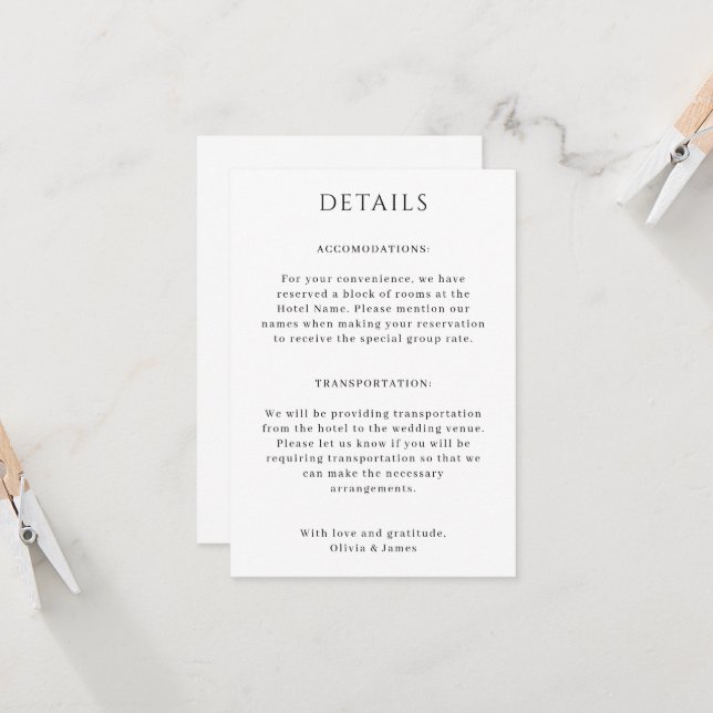 Carte de détails du Mariage Portait (Devant/Arrière en situation)